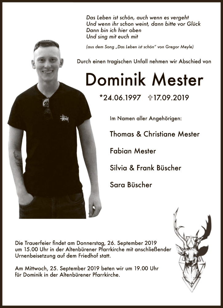  Traueranzeige für Dominik Mester vom 21.09.2019 aus MZV