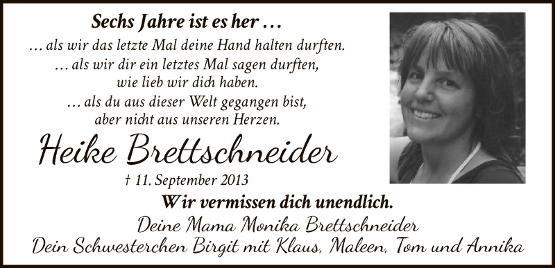 Traueranzeige für Heike Brettschneider vom 11.09.2019 aus MZV