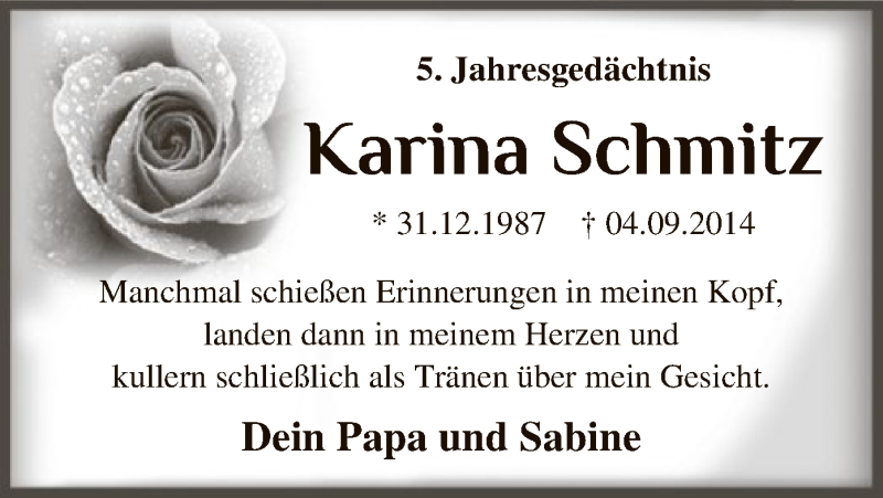  Traueranzeige für Karina Schmitz vom 04.09.2019 aus MZV