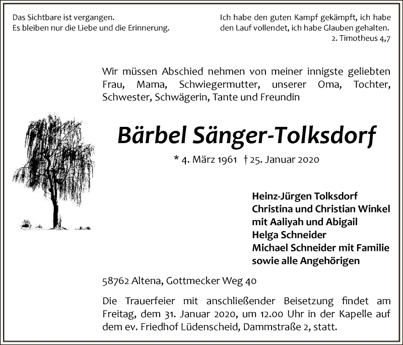  Traueranzeige für Bärbel Sänger-Tolksdorf vom 28.01.2020 aus MZV