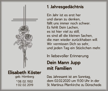 Traueranzeige von Elisabeth Köster von MZV