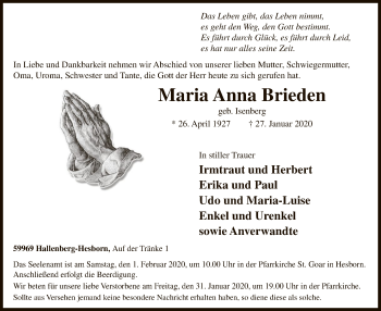 Traueranzeige von Maria Anna Brieden von MZV