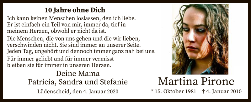  Traueranzeige für Martina Pirone vom 04.01.2020 aus MZV