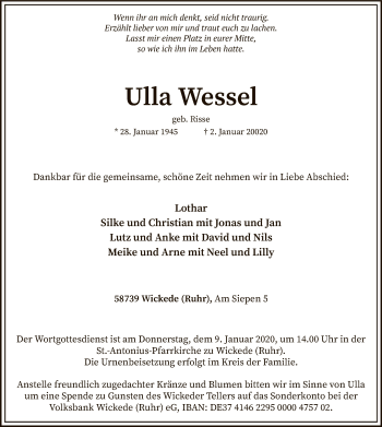 Traueranzeige von Ulla Wessel von MZV