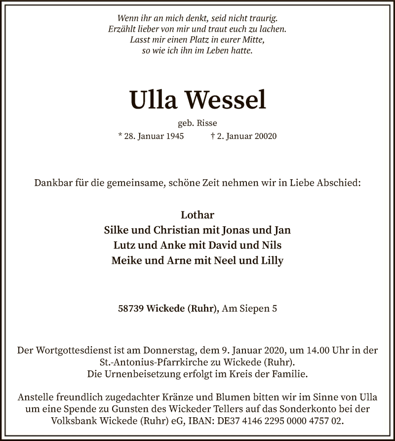  Traueranzeige für Ulla Wessel vom 04.01.2020 aus MZV