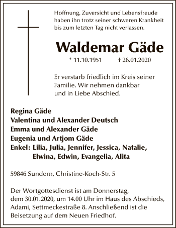 Traueranzeige von Waldemar Gäde von MZV