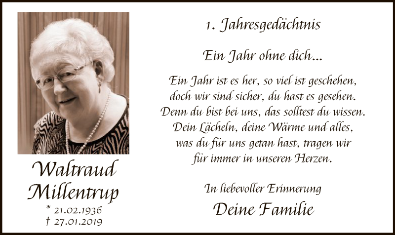  Traueranzeige für Waltraud Millentrup vom 25.01.2020 aus MZV