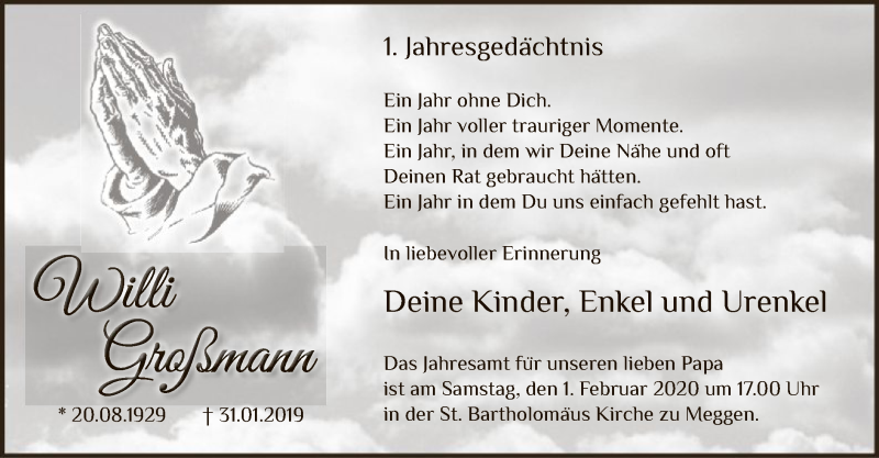 Traueranzeige für Willi Großmann vom 29.01.2020 aus MZV