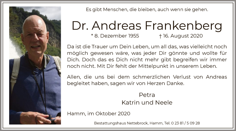  Traueranzeige für Andreas Frankenberg vom 10.10.2020 aus WA