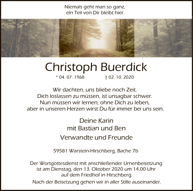  Traueranzeige für Christoph Buerdick vom 08.10.2020 aus WA