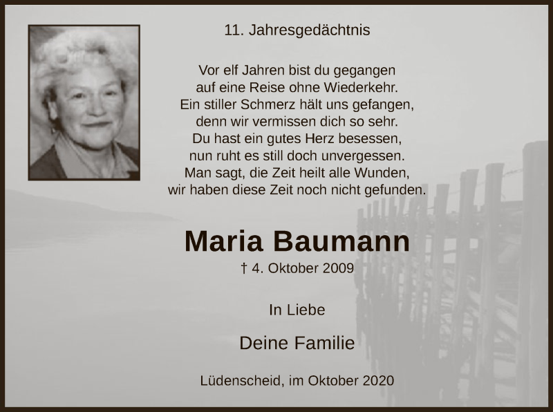  Traueranzeige für Maria Baumann vom 05.10.2020 aus WA