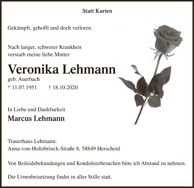  Traueranzeige für Veronika Lehmann vom 24.10.2020 aus WA