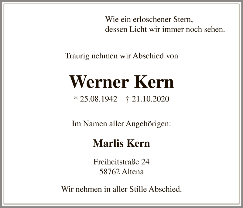  Traueranzeige für Werner Kern vom 24.10.2020 aus WA