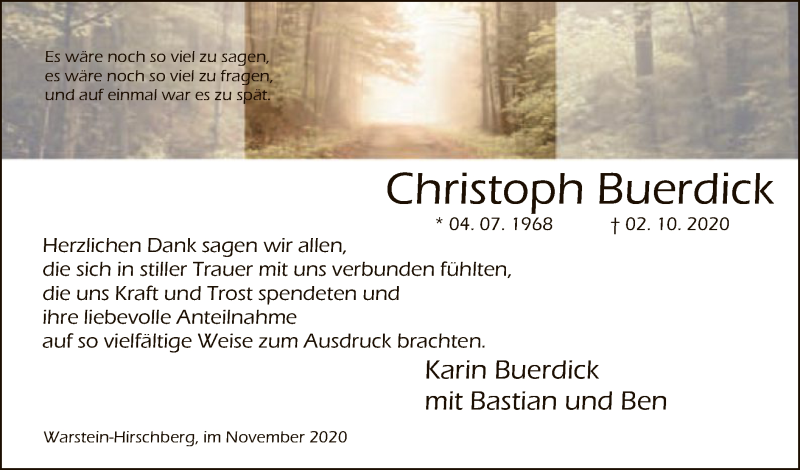  Traueranzeige für Christoph Buerdick vom 14.11.2020 aus WA