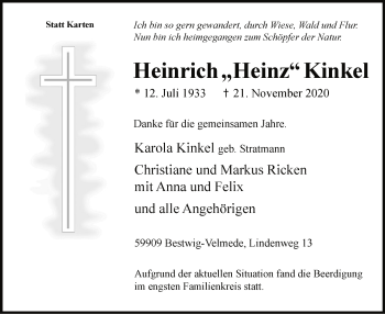 Traueranzeige von Heinrich Kinkel von WA