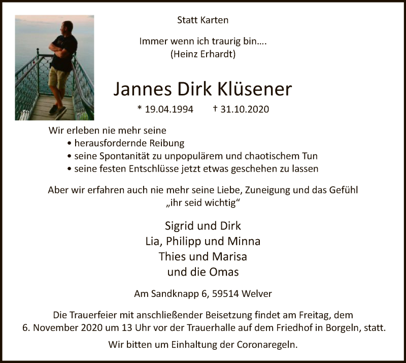  Traueranzeige für Jannes Dirk Klüsener vom 05.11.2020 aus WA
