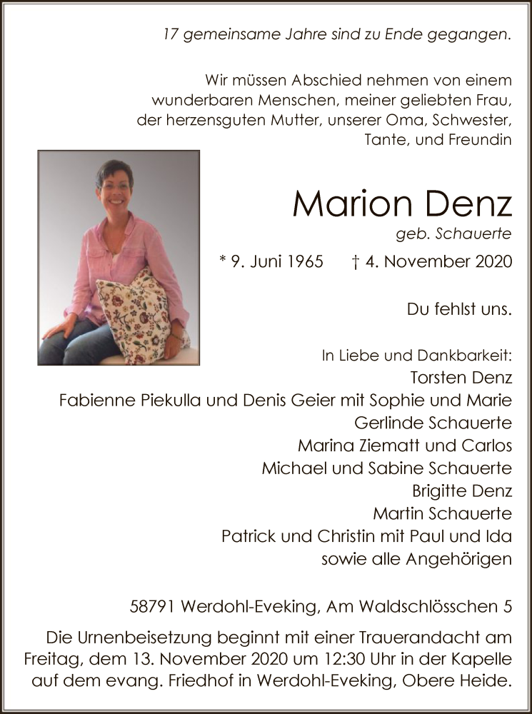  Traueranzeige für Marion Denz vom 07.11.2020 aus WA