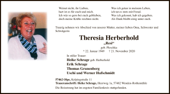 Traueranzeige von Theresia Herberhold von WA