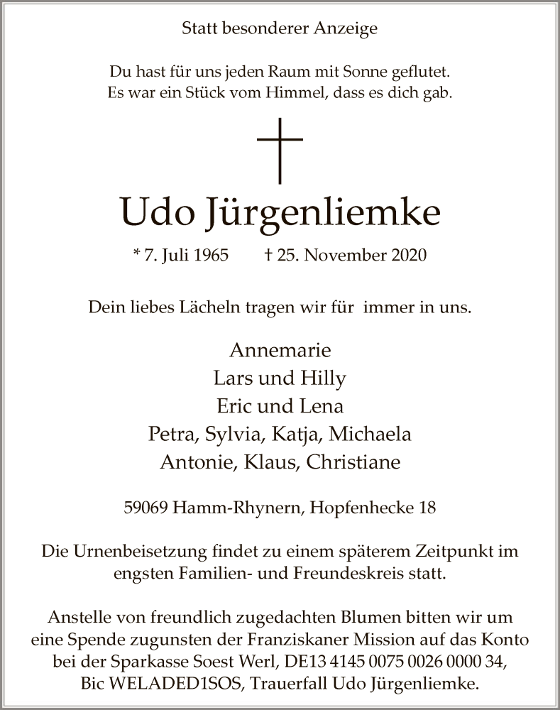  Traueranzeige für Udo Jürgenliemke vom 28.11.2020 aus WA