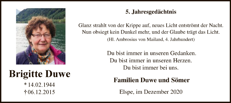  Traueranzeige für Brigitte Duwe vom 05.12.2020 aus WA
