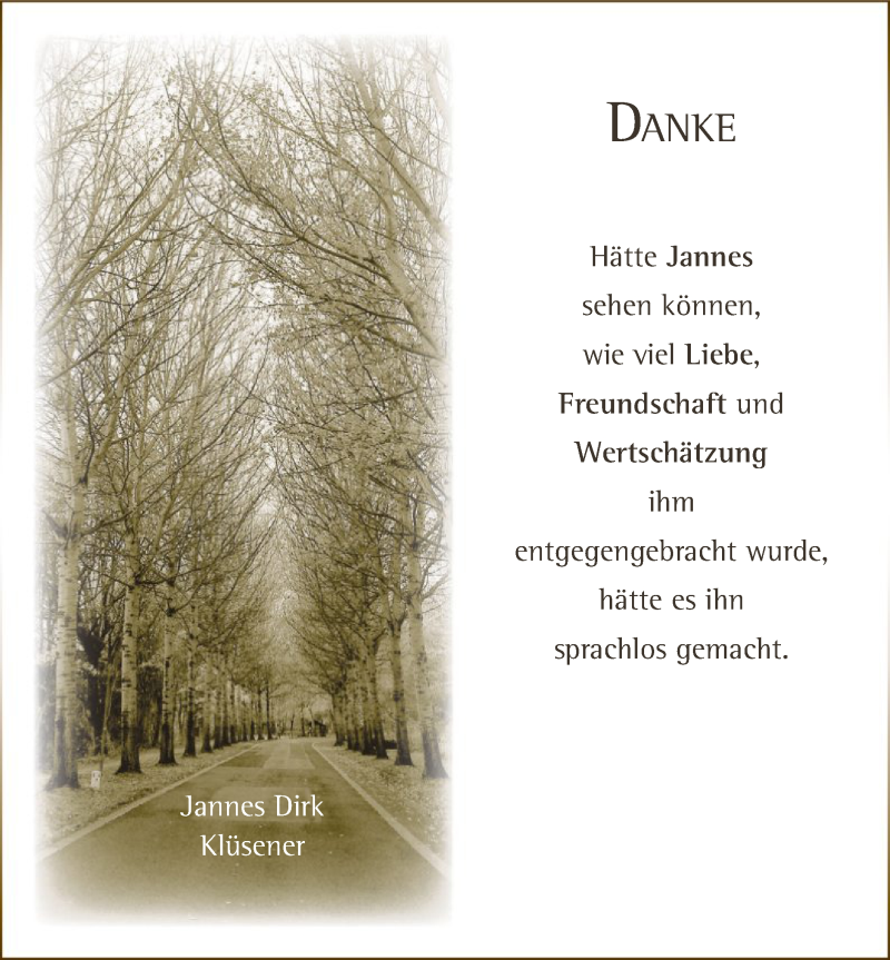  Traueranzeige für Jannes Dirk Klüsener vom 19.12.2020 aus WA