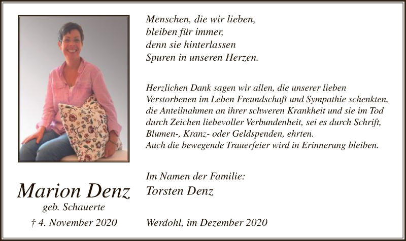  Traueranzeige für Marion Denz vom 19.12.2020 aus WA
