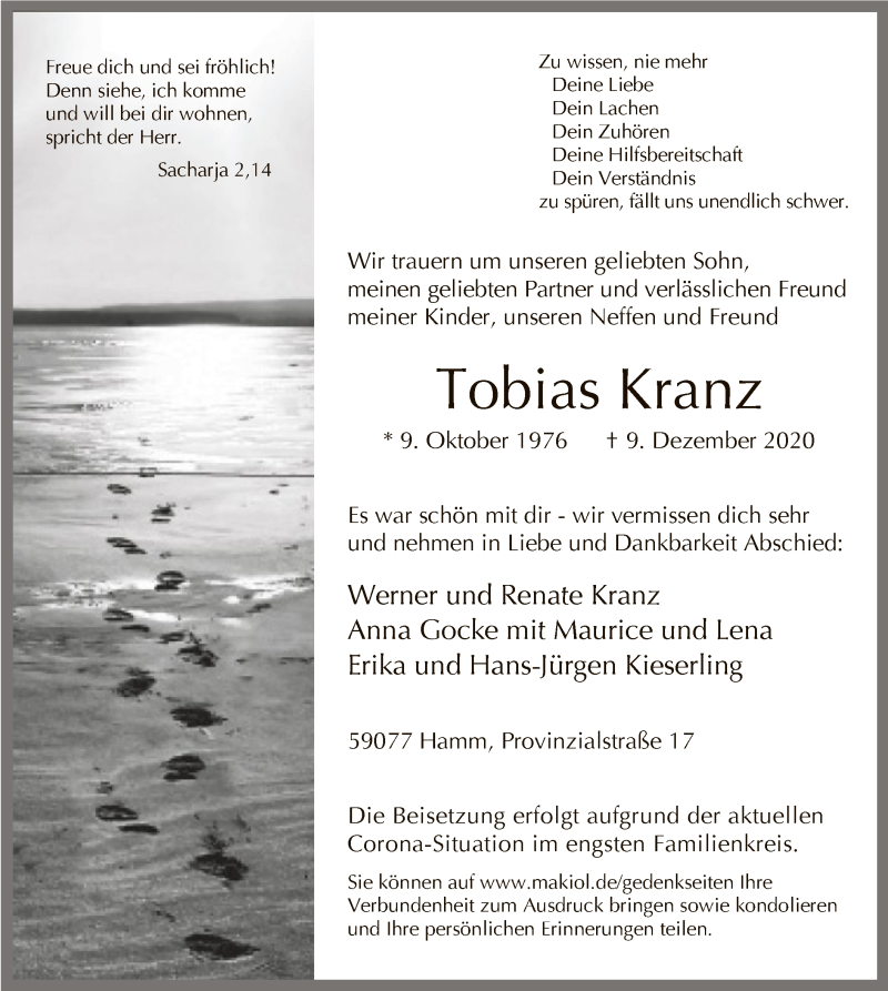  Traueranzeige für Tobias Kranz vom 16.12.2020 aus WA