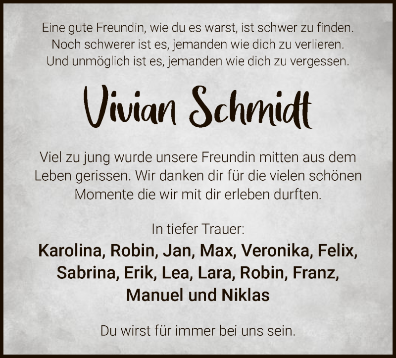  Traueranzeige für Vivian Schmidt vom 28.12.2020 aus WA