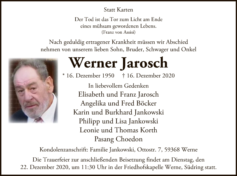  Traueranzeige für Werner Jarosch vom 19.12.2020 aus WA