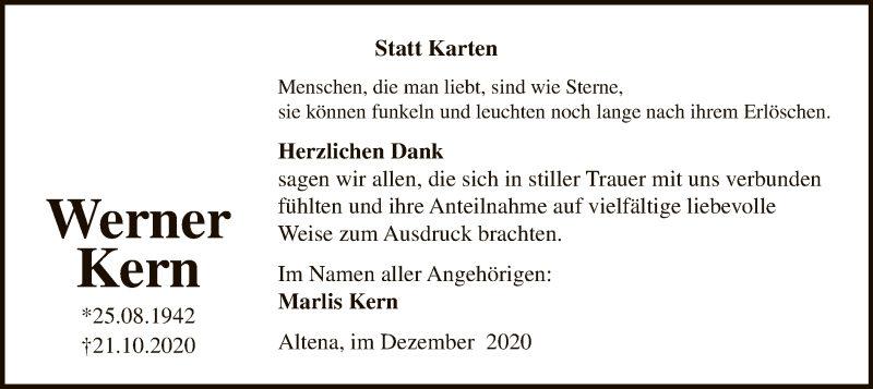  Traueranzeige für Werner Kern vom 03.12.2020 aus WA