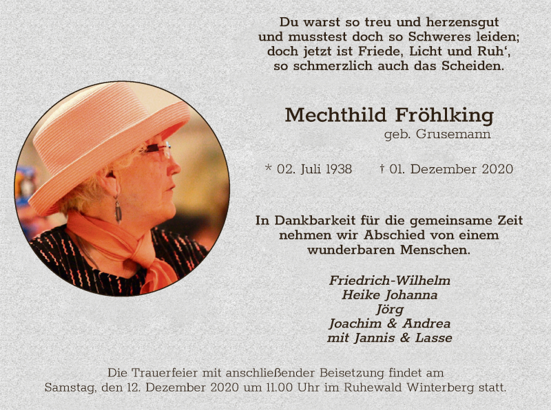  Traueranzeige für Mechthild Fröhlking vom 05.12.2020 aus WA