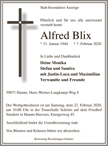 Traueranzeige von Alfred Blix von MZV