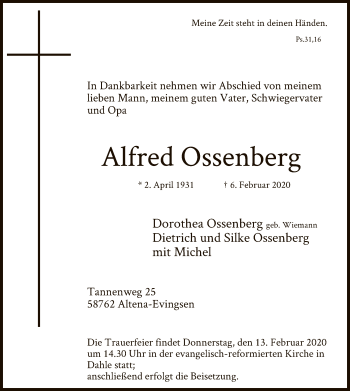 Traueranzeige von Alfred Ossenberg von MZV