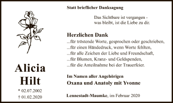 Traueranzeige von Alicia Hilt von MZV
