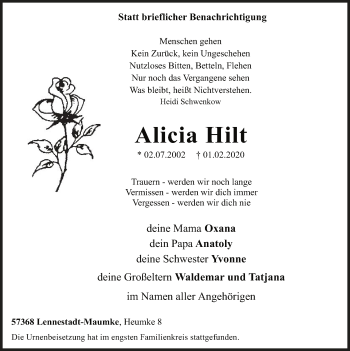Traueranzeige von Alicia Hilt von MZV