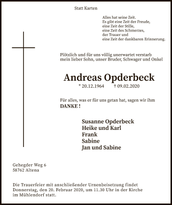 Traueranzeige von Andreas Opderbeck von MZV