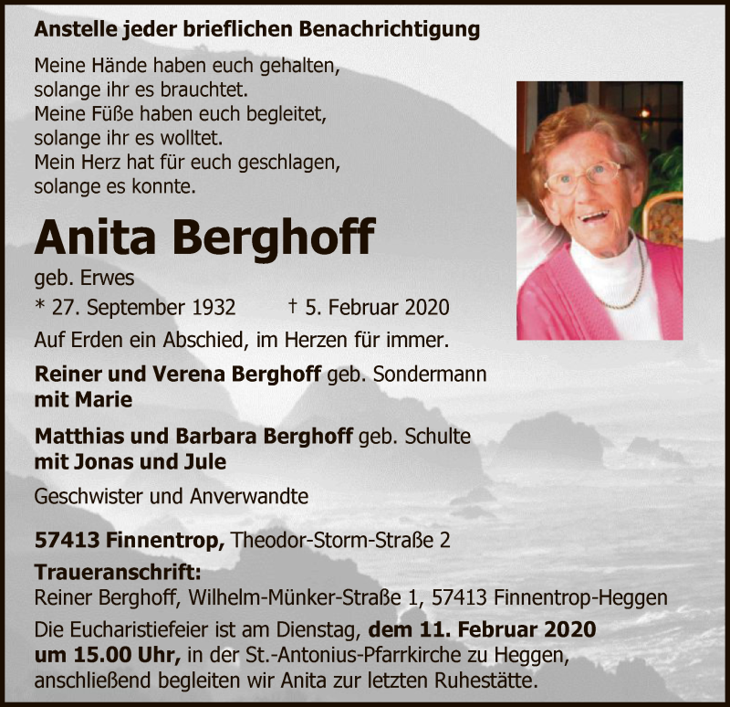  Traueranzeige für Anita Berghoff vom 08.02.2020 aus MZV