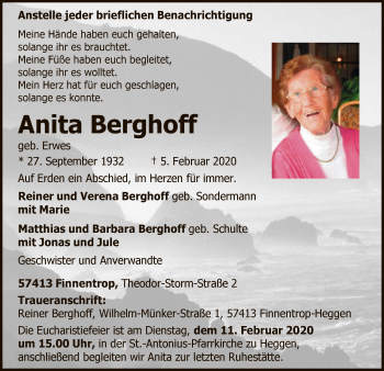 Traueranzeige von Anita Berghoff von MZV