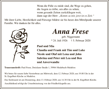 Traueranzeige von Anna Frese von MZV