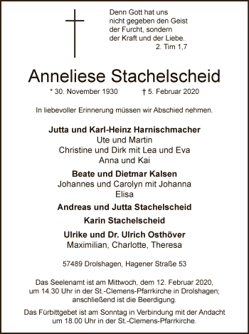Traueranzeige von Anneliese Stachelscheid von MZV