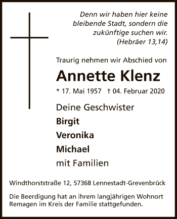 Traueranzeige von Annette Klenz von MZV