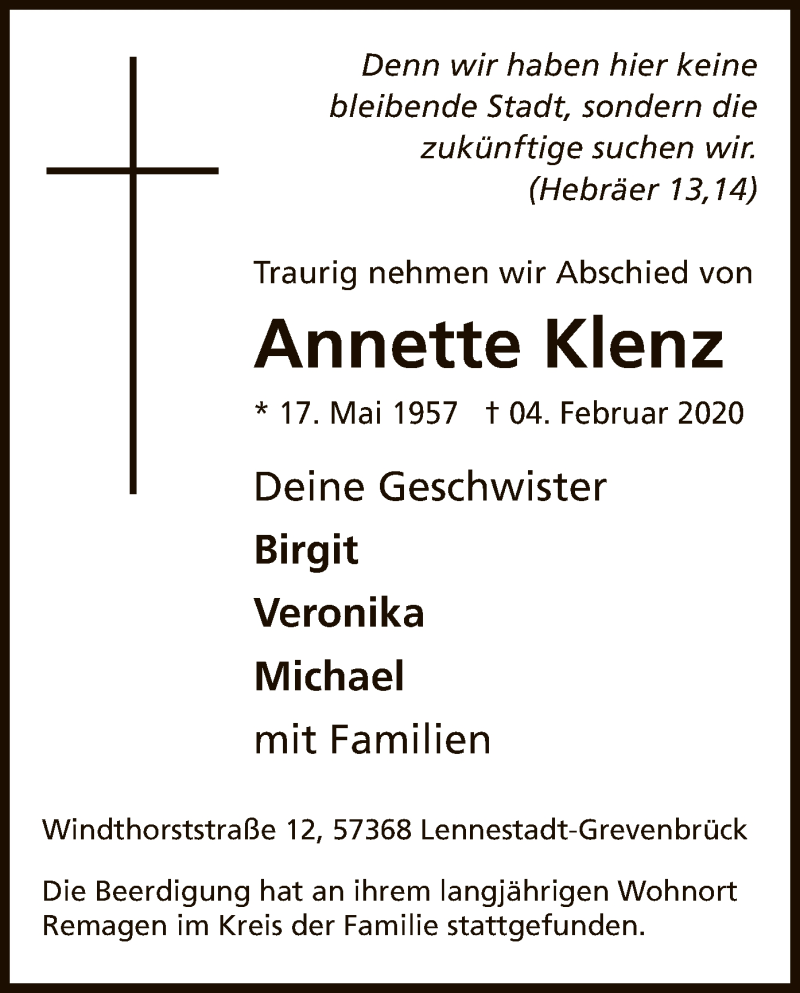  Traueranzeige für Annette Klenz vom 15.02.2020 aus MZV