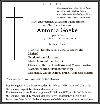 Traueranzeige von Antonia Goeke von MZV