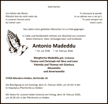 Traueranzeige von Antonio Madeddu von MZV