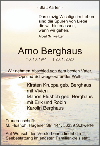 Traueranzeige von Arno Berghaus von MZV