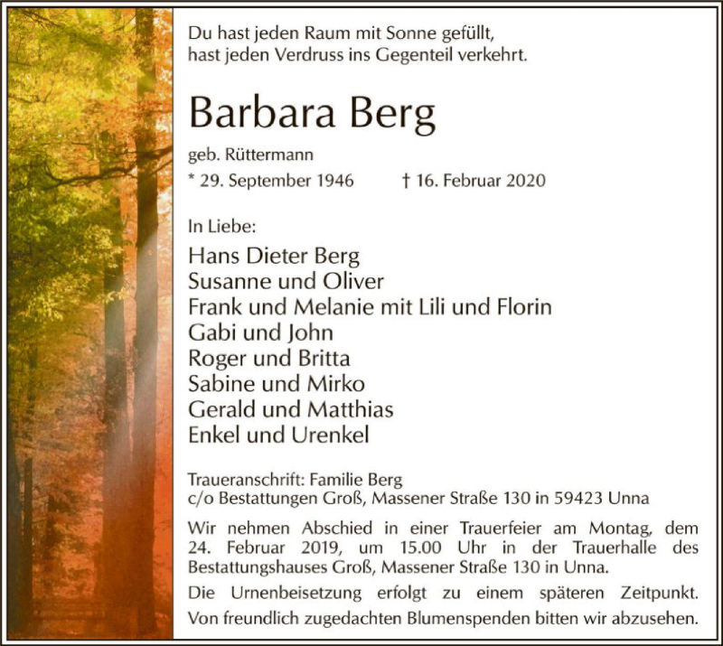 Traueranzeige für Barbara Berg vom 19.02.2020 aus MZV