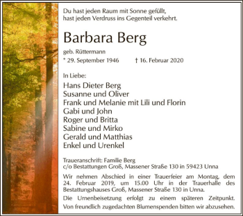 Traueranzeige von Barbara Berg von MZV