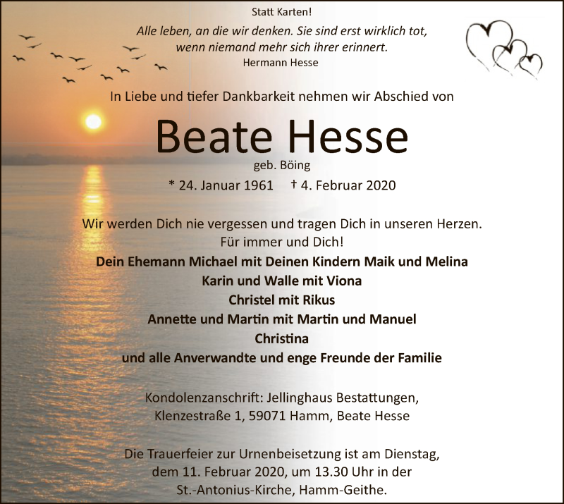  Traueranzeige für Beate Hesse vom 08.02.2020 aus MZV