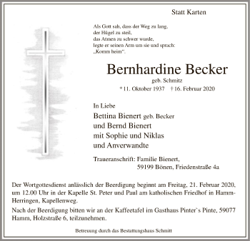 Traueranzeige von Bernhardine Becker von MZV