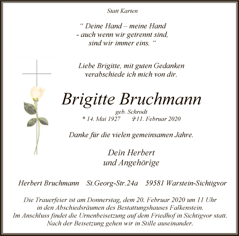  Traueranzeige für Brigitte Bruchmann vom 15.02.2020 aus MZV